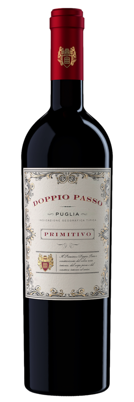 An elegant wine bottle with a red cork and an ornate label bearing the name 'Doppio Passo'.