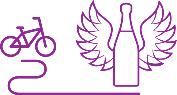 Symbolik für Fahrrad Leasing: Ein Fahrrad und eine Flasche mit Flügeln auf einem sanften lila Hintergrund.