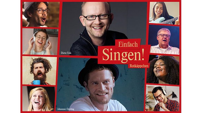 Eine Collage von fröhlichen Menschen, die singen und musizieren, mit einem zentralen Fokus auf Dieter Falk.
