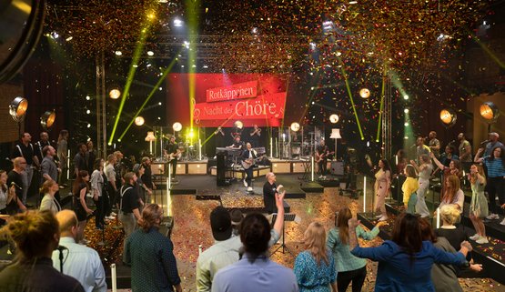 Eine lebhafte Bühne mit einer Band, die vor einem begeisterten Publikum spielt, während Konfetti durch die Luft fliegt.