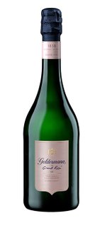 Eine elegante Flasche Geldermann Grand Rosé Sekt mit einem blauen Korken und einem zarten Etikett in Rosatönen.