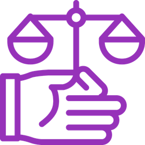 A hand holds a scale, symbolizing balance and justice, in a clean, modern design.