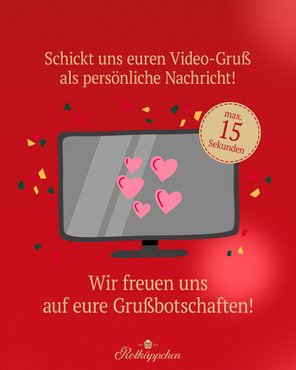 Ein roter Hintergrund mit einem Computerbildschirm, auf dem Herzen und Konfetti zu sehen sind, lädt zu Video-Grüßen ein.