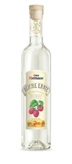 Ein transparentes Flasche-Design, das die klare Spirituose von Echter Nordhäuser präsentiert, mit einem stilvollen Korken und fruchtigem Himbeer-Thema.