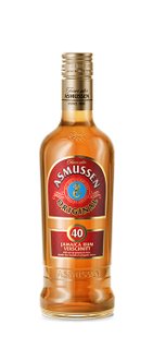 A bottle of Asmussen Original Rum with a golden hue and a striking label that emphasizes its Jamaican origin.