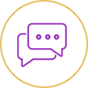 Two speech bubbles in purple and gold, symbolizing communication and the exchange of ideas.