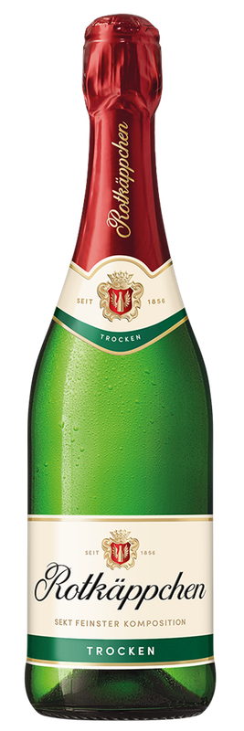 Eine Flasche Rotkäppchen Sekt mit einem eleganten grünen Etikett und rotem Korken, die Frische und Feierlichkeit ausstrahlt.