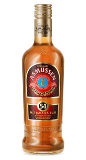 Eine Flasche Asmussen Original Rum mit einem goldenen Farbton und einem auffälligen Etikett, das die Herkunft betont.