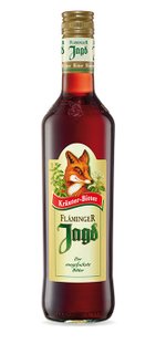 Fläminger Jagd Kräuter-Bitter in einer eleganten Flasche, die ein ansprechendes Design mit einem Fuchs und Kräutern zeigt.