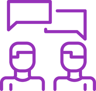 Two stylized figures face each other and appear to be communicating with each other, surrounded by speech bubbles.