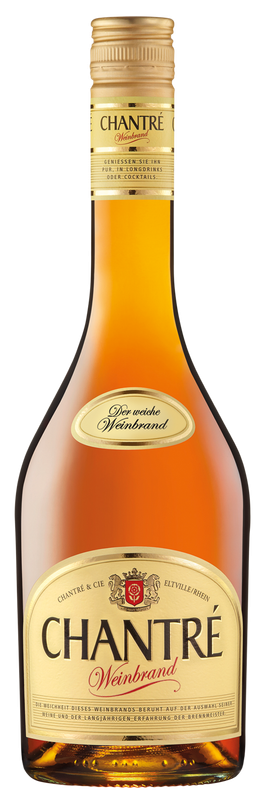 An elegant bottle of Chantré brandy with golden accents and a clear, amber-colored content.