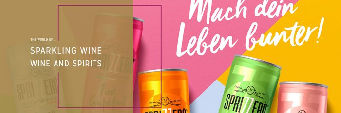 Three Sprizzero cans in bright colors against a vibrant, multicolored background with motivating text.