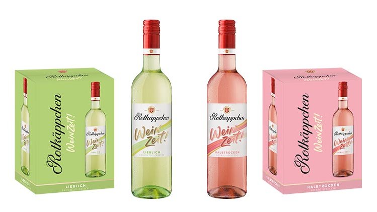 Auf dem Bild sind zwei Weinflaschen und eine Box zu sehen, die die verschiedenen Sorten von Rotkäppchen Wein präsentieren.