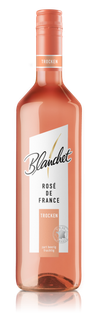 A bottle of dry rosé wine labeled 'Blanchet Rosé de France', glowing in soft pink tones.