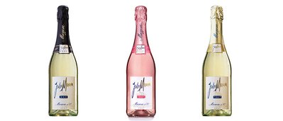 Three exquisite bottles of sparkling wine in different colors