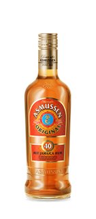 A bottle of Asmussen Original Rum with a golden color and a striking label that emphasizes its Jamaican origin.