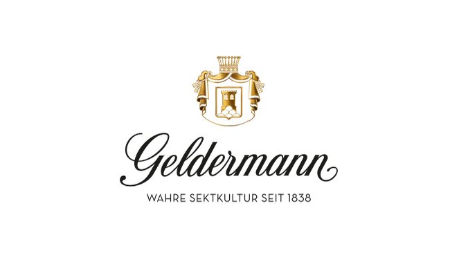 Das elegante Logo von Geldermann zeigt ein Wappen mit goldenen Akzenten und dem Schriftzug 'Wahre Sektkultur seit 1838'.