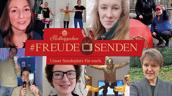 Mehrere Personen zeigen ihre Freude in verschiedenen Umgebungen, während sie an einem Projekt mit dem Hashtag #FreudeSenden teilnehmen.