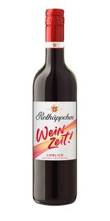 Eine Flasche Rotkäppchen Wein mit rotem Korken und einem auffälligen Etikett, das 'Wein Zeit!' in bunten Buchstaben zeigt.