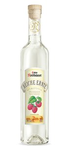 A transparent bottle design showcasing Echter Nordhäuser's clear spirit, with a stylish cork and fruity raspberry theme.