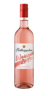 Die Flasche Rotkäppchen Wein zeigt ein modernes Etikett mit dem Schriftzug 'Wein Zeit!' in lebhaften Farben.