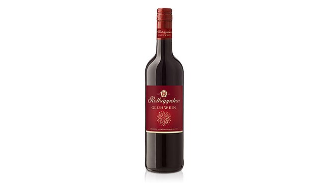 Der Glühwein in einer stilvollen Flasche, die mit einem festlichen Design und einer roten Kappe versehen ist.
