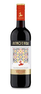 Eine stilvolle Flasche Tempranillo aus Navarra von Ritmo de la Vida, geschmückt mit einem kreativen Etikett, das Lebensfreude und Bewegung vermittelt.