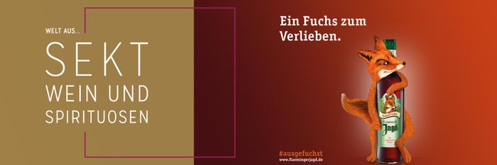 Ein Fuchs, der für seinen Likör wirbt und begeistert