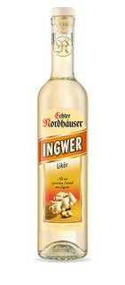 A bottle of ginger liqueur with an elegant design and a gold label showing the main ingredient.