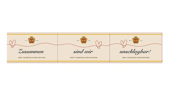 Ein elegantes Etiketten-Design mit den Worten 'Zusammen sind wir unschlagbar' und einem Wappen in der Mitte.