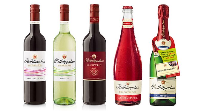 Die Abbildung zeigt verschiedene Weinsorten, darunter Glühwein und Fruchtsecco, alle in eleganten Flaschen.