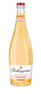 A bottle of Rotkäppchen mango-flavored fruit secco, sparkling and alcohol-free, stands against a white background.
