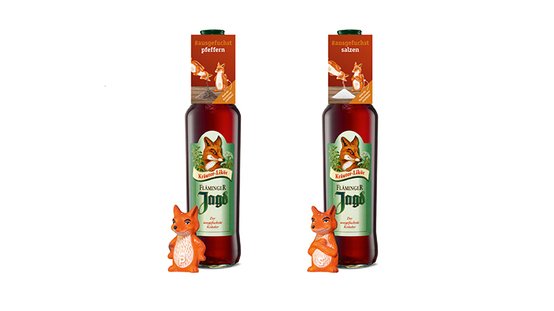 Die Flaschen zeigen ein frisches Design mit einem Fuchs, das die Marke 'Flaminger Jagd' repräsentiert.