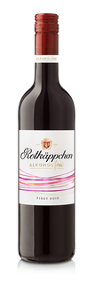 Eine Flasche Rotwein ohne Alkohol mit einem eleganten Etikett, das den Namen 'Rotkäppchen' und die Sorte 'Pinot Noir' zeigt.