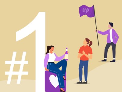 Illustration mit #1, drei Personen, eine hält eine Flasche, eine trägt Fahne mit Logo, eine steht daneben.