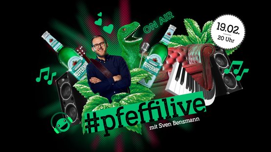 Ein kreatives Design mit einem lächelnden Mann, der eine Flasche Pfefferminzlikör hält, umgeben von Musik- und Party-Elementen.