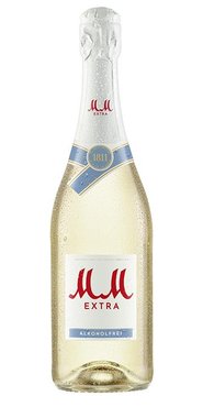 Ein klarer, sprudelnder MM Sekt in einer schlanken Flasche, die mit einem roten Logo und dem Wort 'EXTRA' verziert ist.