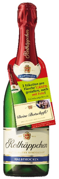 Eine Flasche Rotkäppchen Sekt mit rotem Korken und einem auffälligen Etikett, das eine besondere Aktion bewirbt.