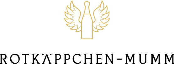 Ein elegantes Logo mit einer Flasche und goldenen Flügeln, das die Marke Rotkäppchen-Mumm repräsentiert.
