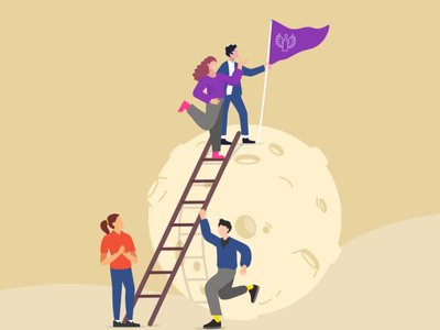 Illustration: Drei Personen erklimmen eine Leiter zu einem großen Mond und setzen eine Flagge.