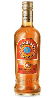 Eine Flasche Asmussen Original Rum mit einer goldenen Farbe und einem auffälligen Etikett, das die Herkunft aus Jamaika betont.