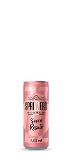 Eine rosa Getränkedose mit dem Namen SPRIZZERO, die Secco Rosato enthält und 5,5% Alkohol hat.