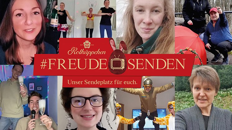 Mehrere Personen zeigen ihre Freude in verschiedenen Umgebungen, während sie an einem Projekt mit dem Hashtag #FreudeSenden teilnehmen.