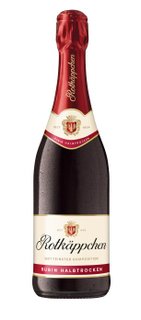 The Rubin semi-dry sparkling wine from Rotkäppchen, presented in a stylish bottle with a shiny red cork.