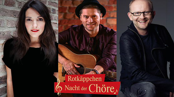 Eine Frau und zwei Männer, einer mit Gitarre, lächeln in die Kamera, um die 'Nacht der Chöre' zu promoten.