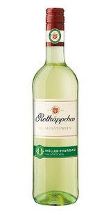 Eine Flasche Rotkäppchen Qualitätswein Müller-Thurgau, die frisch und kühl aussieht, mit Wassertropfen auf der Oberfläche.