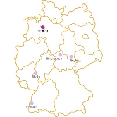 Ausbildungsstandorte: Eine schematische Karte Deutschlands mit hervorgehobenen Städten wie Bremen, Nordhausen, Freyburg, Eltville und Breisach.