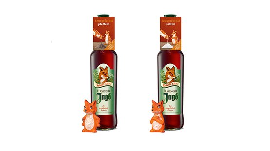 Die Flaschen zeigen ein frisches Design mit einem Fuchs, das die Marke 'Flaminger Jagd' repräsentiert.