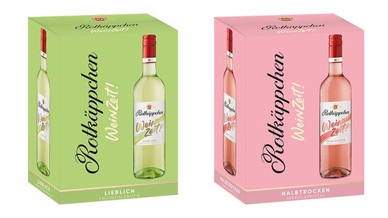 Zwei stilvolle Weinverpackungen von Rotkäppchen, eine grün für lieblichen Wein und eine pink für halbtrockenen Wein, harmonisch präsentiert.