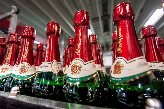 A row of Rotkäppchen sparkling wine bottles with red caps sits on a shelf, ready for a celebration or special occasion.